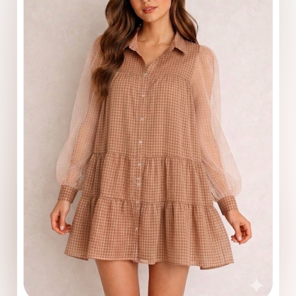 En Saison Brown Gingham Long Sleeve Dress